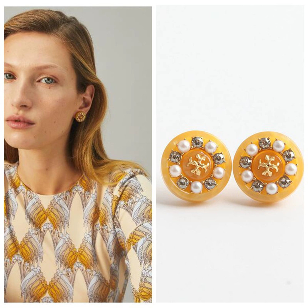 Tory Burch Basic Yellow Resin Amber Button Stud Earrings